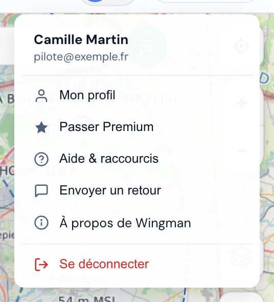 Menu du compte : Mon profil, Passer Premium, Aide & raccourcis, Envoyer un retour, À propos, Se déconnecter
