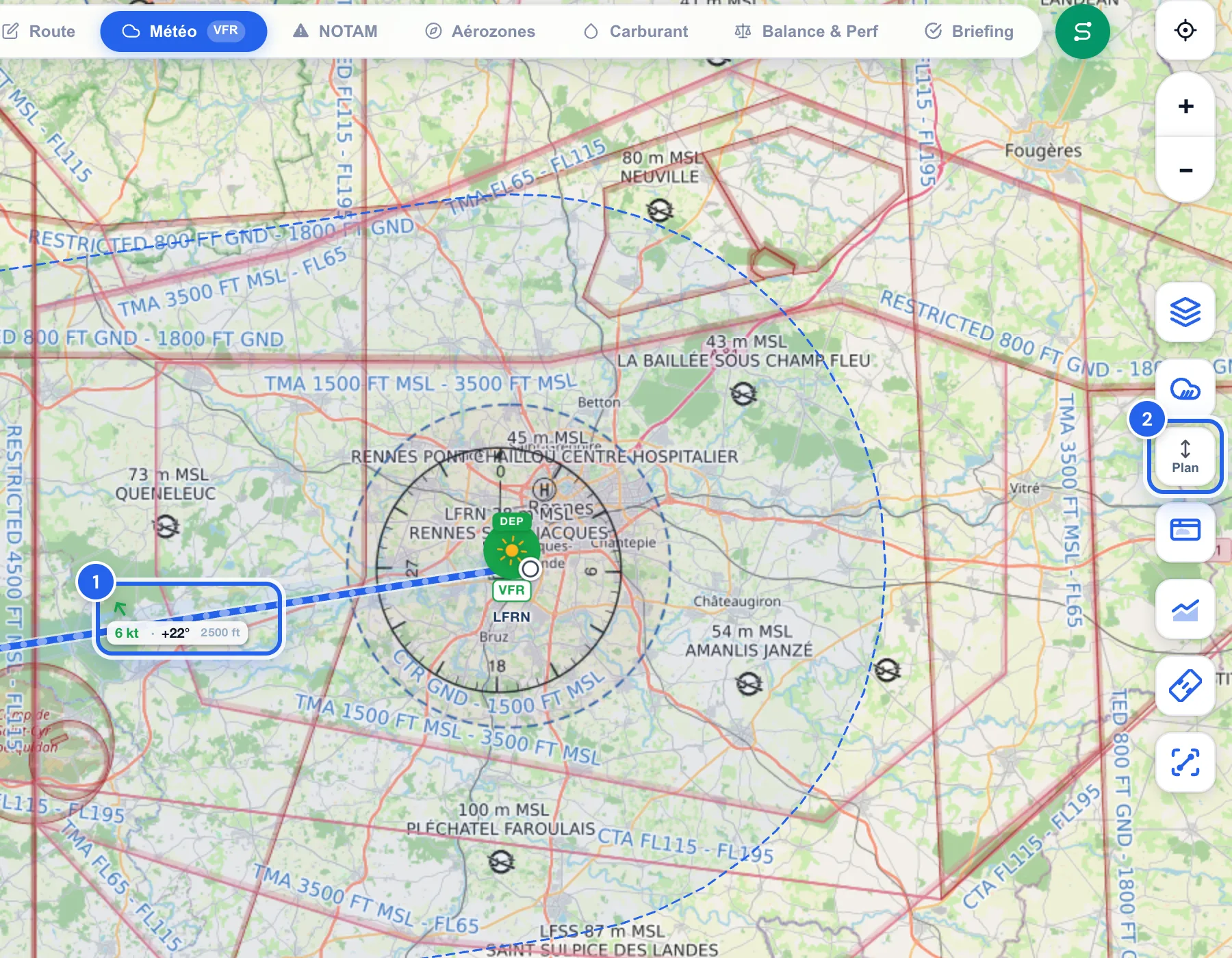 Étiquette de vent sur une branche : 6 kt, +22°, 2500 ft, et le bouton Plan de la barre d'outils