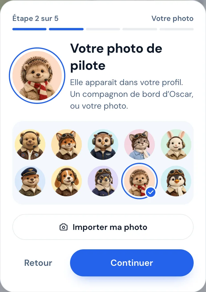 Écran Votre photo de pilote : dix compagnons de bord et Importer ma photo
