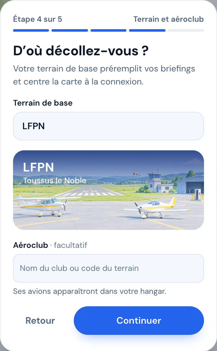 Écran D'où décollez-vous ? : LFPN reconnu et dessiné, aéroclub facultatif