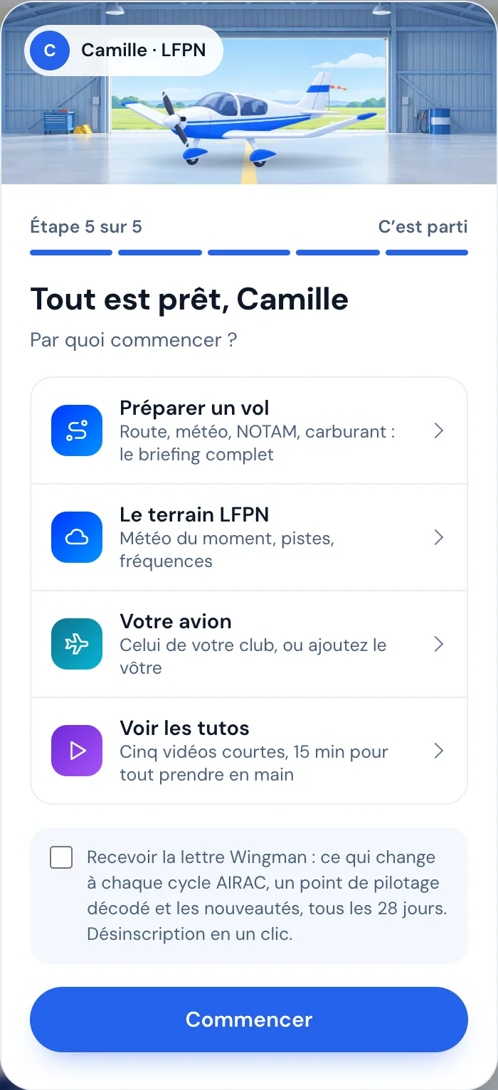 Écran Tout est prêt : Préparer un vol, Le terrain LFPN, Votre avion, Voir les tutos, lettre Wingman et Commencer