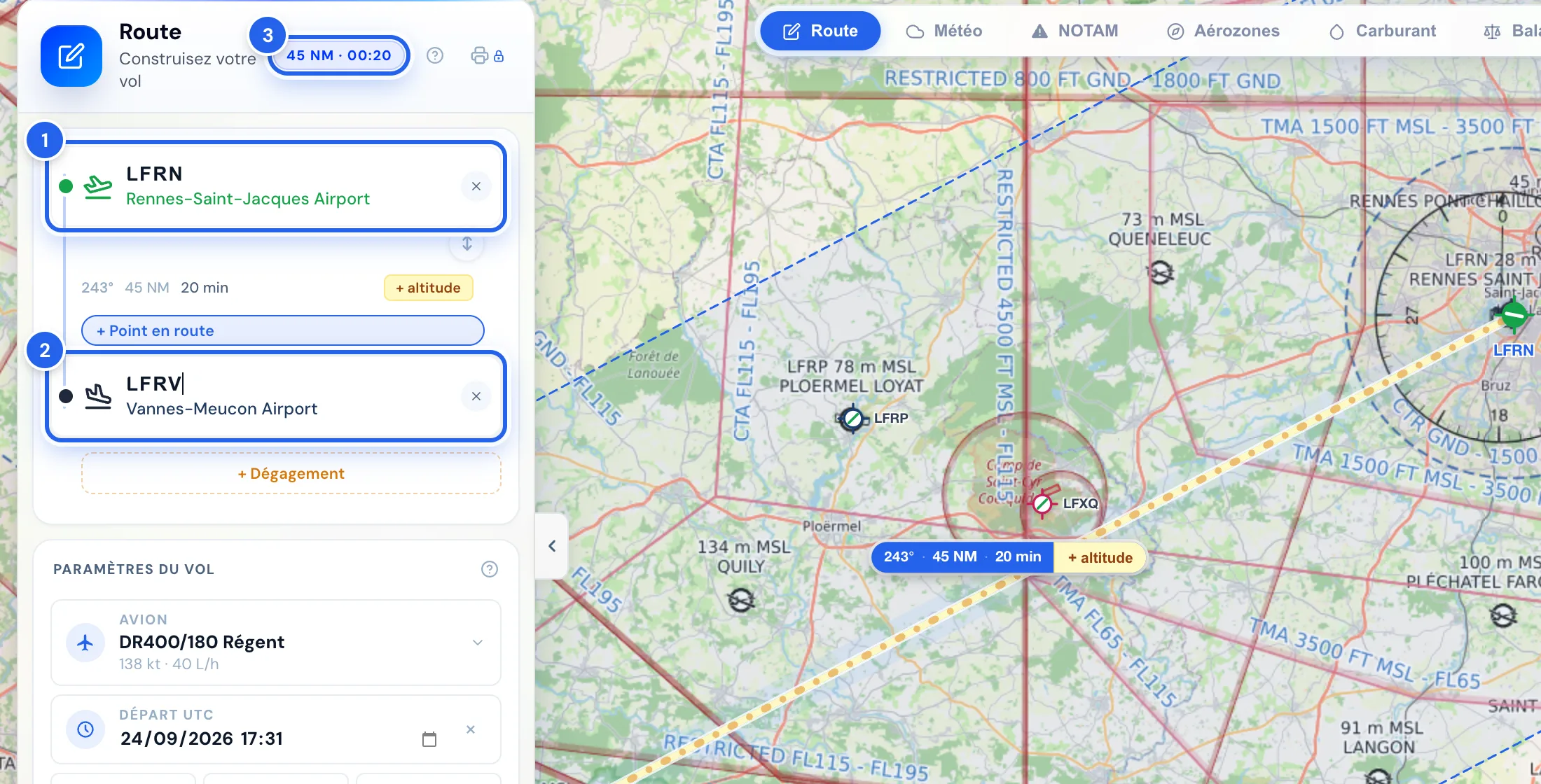 Route LFRN vers LFRV tracée