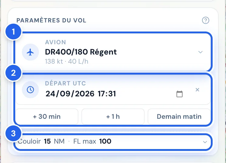 Paramètres du vol : avion, départ UTC, couloir